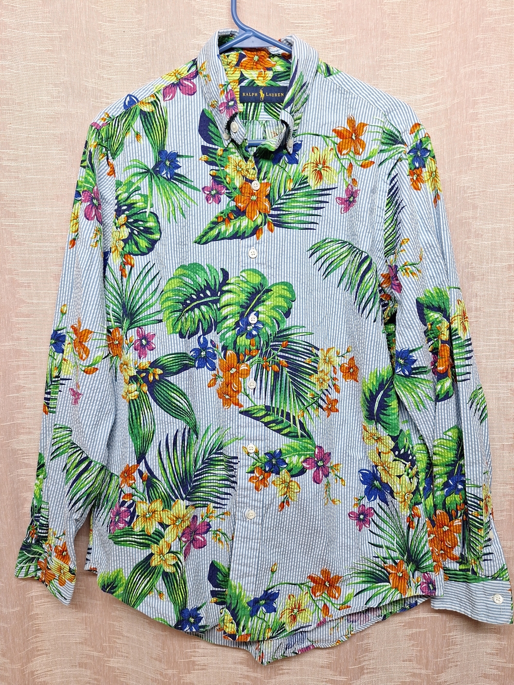 Ralph Lauren Mens Blue Striped Button-Down with Green, Orange & Yellow Floral